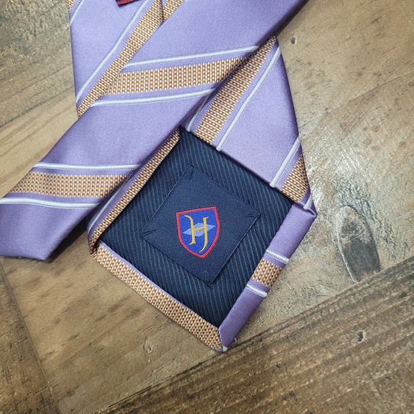 Henry Jacobson Handmade Silk Blend Tie Purple Tan Striped Mens Necktie - Picture 5 of 8